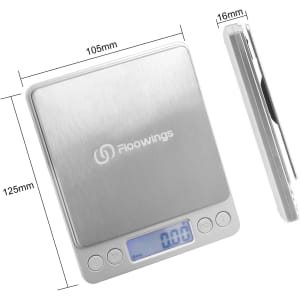 A stainless steel rechargeable kitchen scale with a digital display, measuring 125mm by 105mm. Features a logo.