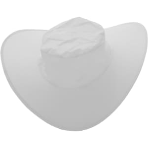 A foldable white cowboy hat displayed flat, featuring a pouch for easy storage. It has a simple, classic design.