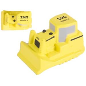 A yellow bulldozer-shaped stress reliever with a logo on it, designed for fun and stress relief.