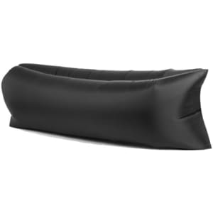 An inflatable lazy bed in black, featuring a sleek and modern design. It has a logo on one side.