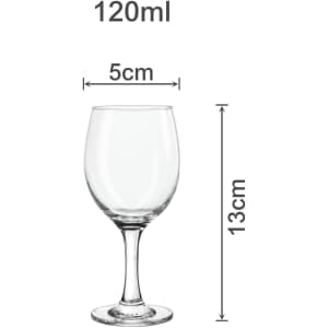 A clear, 120ml wine glass with a round bowl and a stem, measuring 5cm in diameter and 13cm in height.