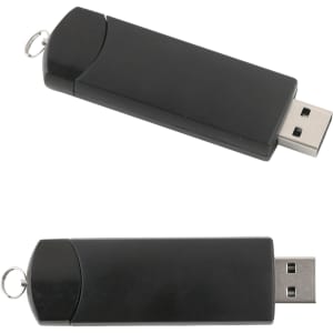 A black Gyro USB flash drive with a rounded design and a keychain attachment. It features USB connectors on both ends.