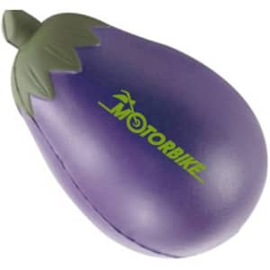An eggplant-shaped stress reliever in purple and green, featuring a logo.