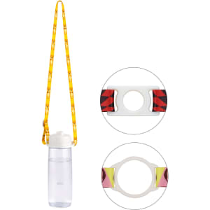 A drink bottle with a clear body and a yellow lanyard, featuring two close-up views of the lanyard attachments.