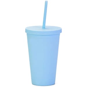 A blue matte plastic cup with a lid and straw, perfect for beverages. Features a logo on the cup.
