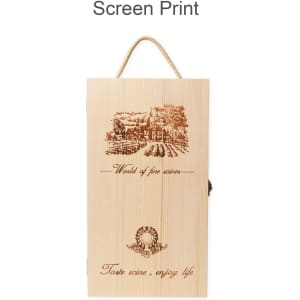 A wooden wine box featuring a natural wood finish with decorative engravings and a handle for carrying.