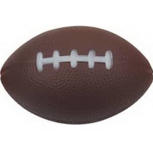 A brown rugby-shaped stress reliever with white laces, featuring a textured surface, displayed against a plain background.