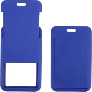 A blue ABS single side ID card holder with a sleek design and a slot for easy access to cards.