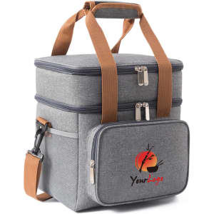 A grey 10L cooler bag with an adjustable shoulder strap and logo on the front. It features two compartments and sturdy handles.