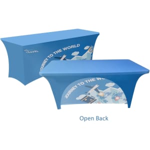 A blue stretch table cover with an open back, featuring graphic designs related to travel. It includes a logo.