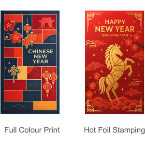 Two decorative red envelopes featuring vibrant designs. One has lanterns and floral patterns, while the other features a horse.