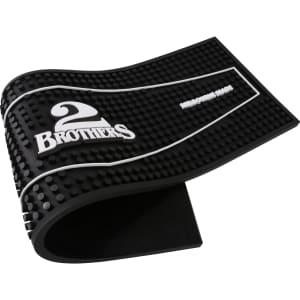 A moulded PVC bar runner in black, featuring a textured surface and a logo.