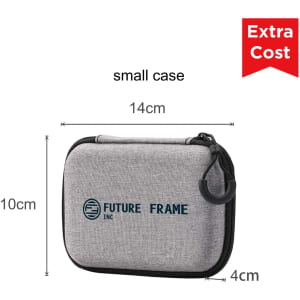 A small grey case with a zip closure and a loop, featuring a logo on the front. Dimensions are 14cm x 10cm x 4cm.