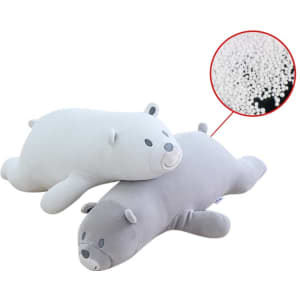 A bear-shaped 2-in-1 travel pillow in grey and white, featuring a soft texture and a detailed design.