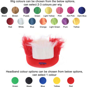 A promotional image featuring a 3 Colours Headband Wig with colour options including red, white, and more. It has a logo.