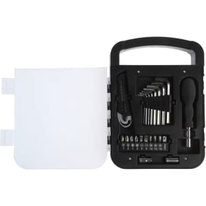 A black and white tool kit featuring a screwdriver, multiple bits, and various tools in a compact case.