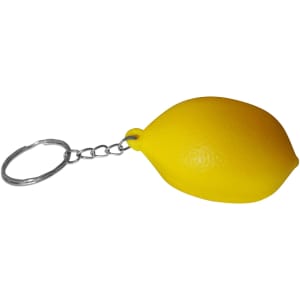 A yellow lemon-shaped stress reliever attached to a silver keyring, featuring a simple design.