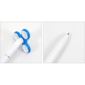 A fidget pen with a white body and blue spinner top, featuring three white circular buttons.