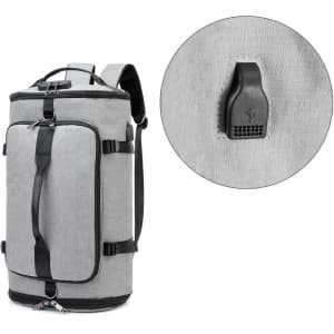 A grey convertible bucket backpack duffel bag with black straps and a circular detail showing the zipper pull.