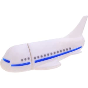 An aeroplane-shaped flash drive in white with blue detailing. It features a logo on its side.