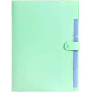 A4 expandable file folder in mint green, featuring tabs and a secure clasp closure. Includes a branding logo.