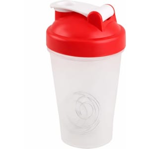 A drink bottle with a transparent body and a red lid, featuring a logo on the side.