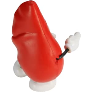 A red stress reliever shaped like a liver, with white hands and feet, positioned at an angle.