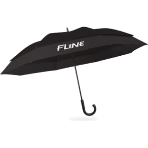 A black expandable golf umbrella with a curved handle and a logo on the canopy.