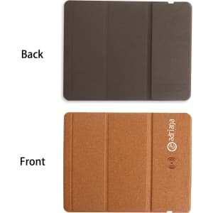 A foldable cork wireless charger in brown with a textured front surface and a smooth back, featuring branding.