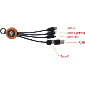 A round-shaped charging cable featuring Type C, Apple Lightning, Micro USB, and USB connectors, with a branded logo.