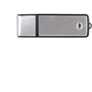 A silver and black flash drive with a metallic finish and a small attachment loop. It features a logo.