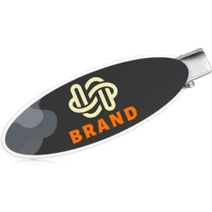 An oval acrylic hair clip in black and white features a logo and an orange accent.