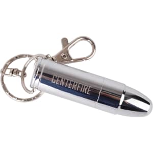 A silver waterproof bullet flash drive attached to a keyring with a clasp. It features a logo on its side.