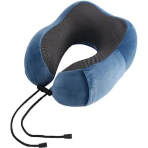 A blue U-shaped travel pillow with a velvety texture and a mesh interior, featuring adjustable cords.