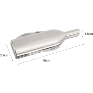 A stainless steel wine bottle opener features a sleek, streamlined design with multiple functions. It includes a logo.