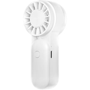 A white mini portable handheld fan with a curved design and a button, featuring a logo.