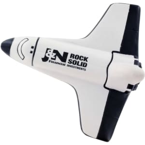 A white and black shuttle-shaped stress reliever with a logo on its side.