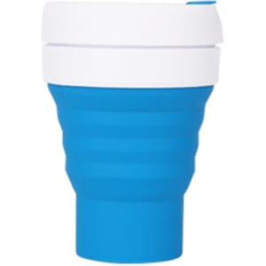 A reusable 355ml collapsible silicone coffee cup in blue and white, featuring a logo on the side.