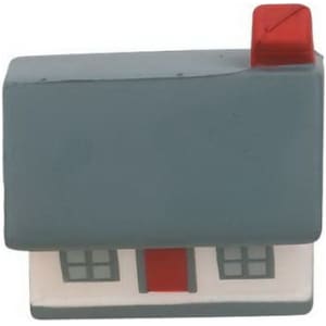 A house-shaped stress reliever in grey, white, and red, with a chimney and windows. It features a logo.