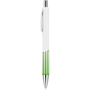 A plastic pen featuring a creamy white barrel with green accents and a silver clip. It includes a logo.