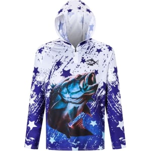 A men's 1/4 zip fishing hood shirt in white and blue, featuring a fish graphic and star patterns, with a hood and branding.