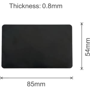 A black metal business card with dimensions of 85mm x 54mm and a thickness of 0.8mm. It features a logo.