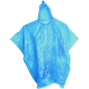 A blue plastic poncho with an open design and a hood. It features a logo on the surface.