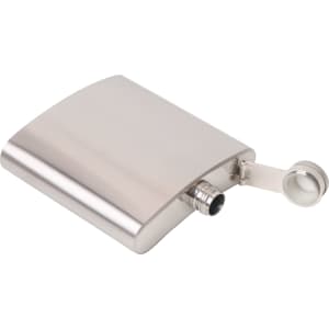 A stainless steel hip flask with a polished finish and a screw-on cap, featuring a logo.