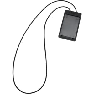 A black ABS retractable card holder with a silicone strap, featuring a clear window for displaying cards.
