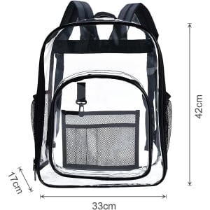 A transparent backpack with black accents, featuring a front mesh pocket and side water bottle holders.