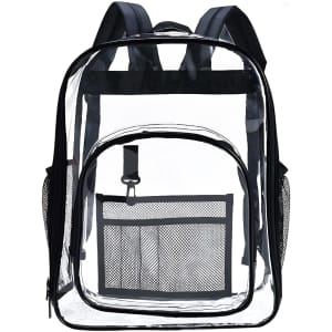 A transparent backpack with black straps features multiple compartments and mesh pockets on the sides.