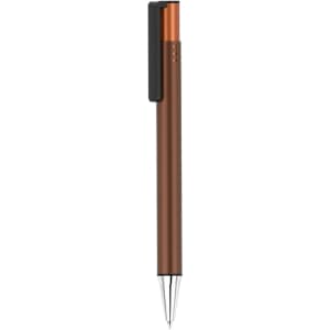 A brown pen with a metallic copper clip and a silver tip, featuring a logo on the clip.