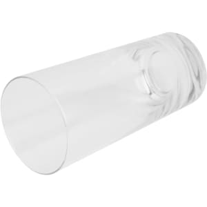 A clear, cylindrical beer glass with a rounded base and smooth finish, featuring a subtle logo.