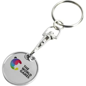 A silver keyring with a round printed trolley coin featuring a colourful design and a logo.